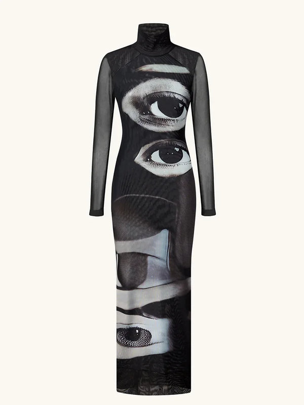 Eye print maxi dress on model
