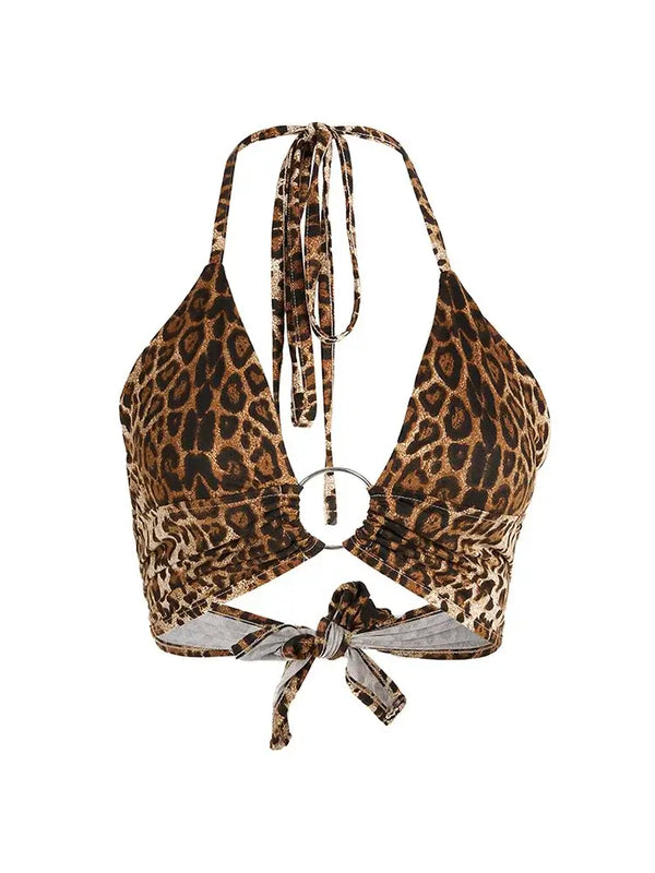 Leopard print halter top with O ring detail on model