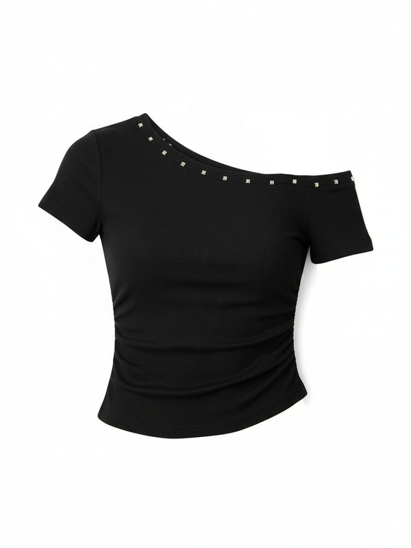 Off-Shoulder Asymmetric Riveted Crop Top — alternate view