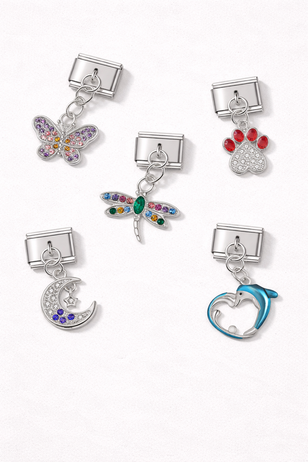 Dangling rhinestone Italian charm detail shot