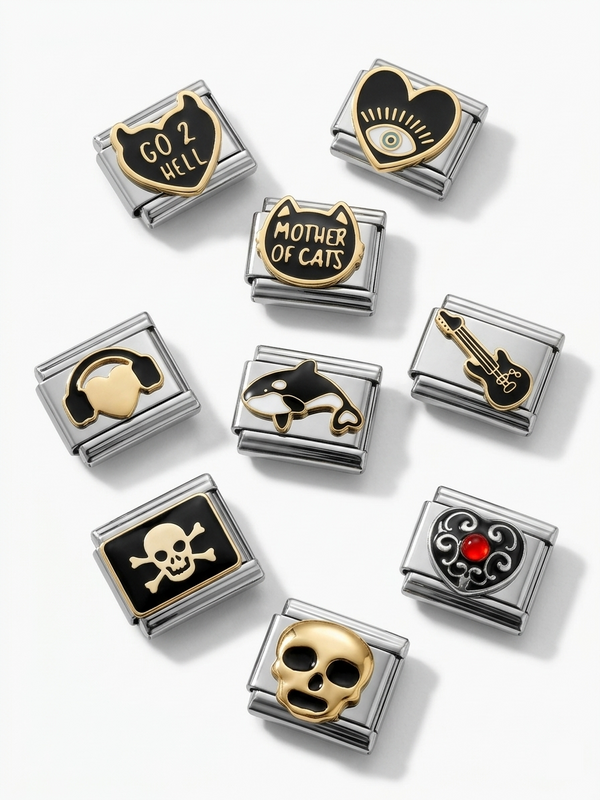 Goth enamel Italian charm collection flat lay