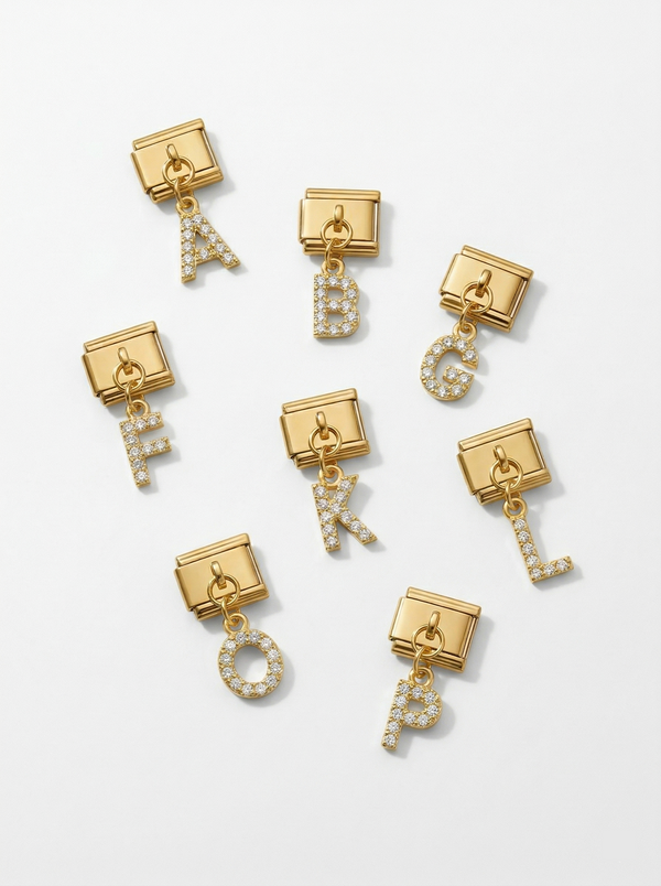 Dangling rhinestone alphabet charm detail