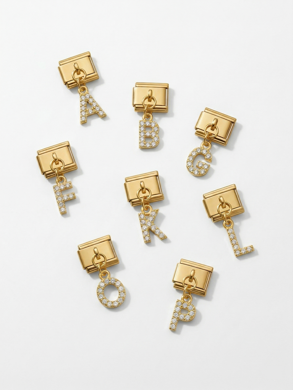 Dangling rhinestone alphabet charm detail