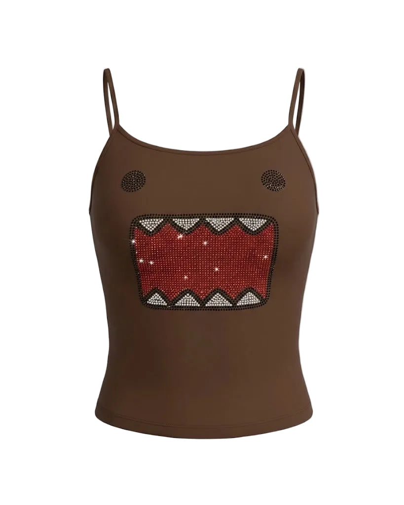 Domo rhinestone appliqué baby tee on model - detail shot