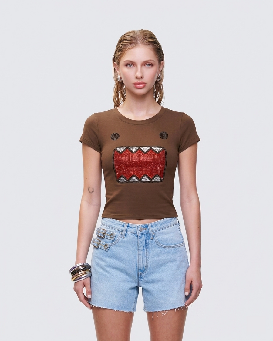 Domo rhinestone appliqué baby tee on model - styling view