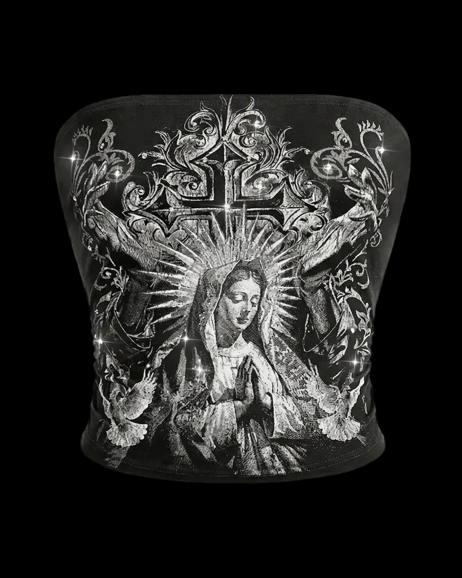 Gothic Virgin Mary graphic tube top on model - detail shot