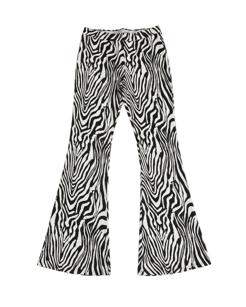 Zebra print wide leg pants on model