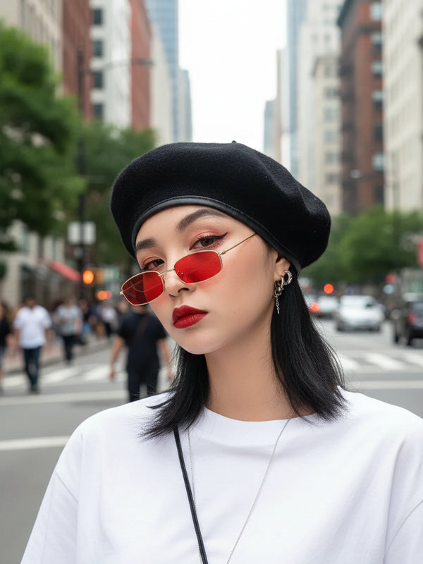 Red tinted rectangular sunglasses on face