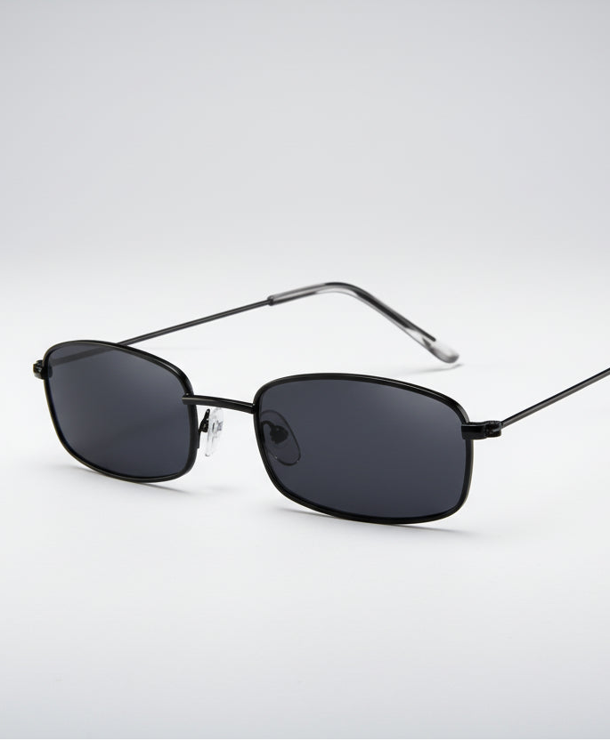 Red tinted rectangular sunglasses on face - detail shot