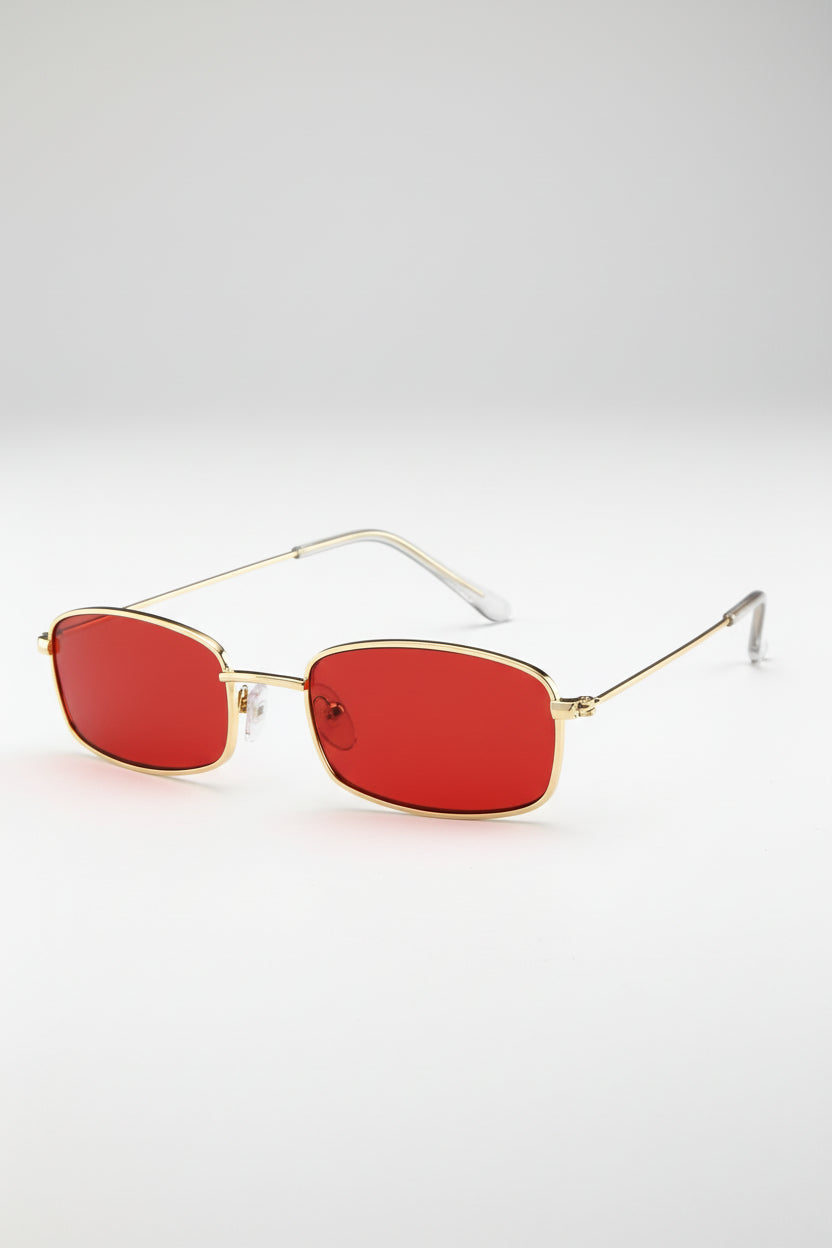 Red tinted rectangular sunglasses on face - alternate view