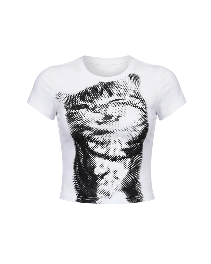 Halftone cat graphic baby tee on model - detail shot