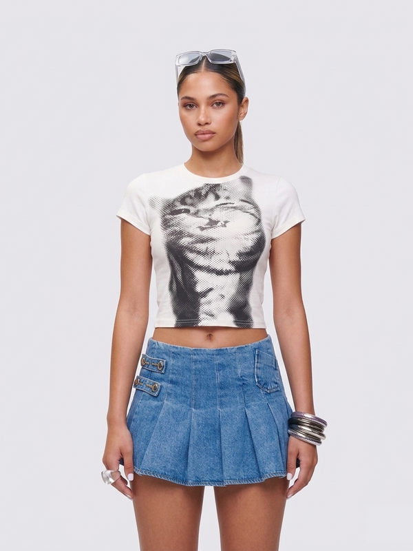 Halftone Cat Graphic Baby Tee — alternate view