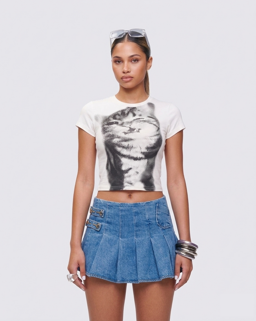 Halftone cat graphic baby tee on model - alternate view