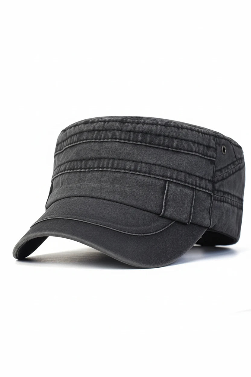 Flat top military cap on model - detail shot