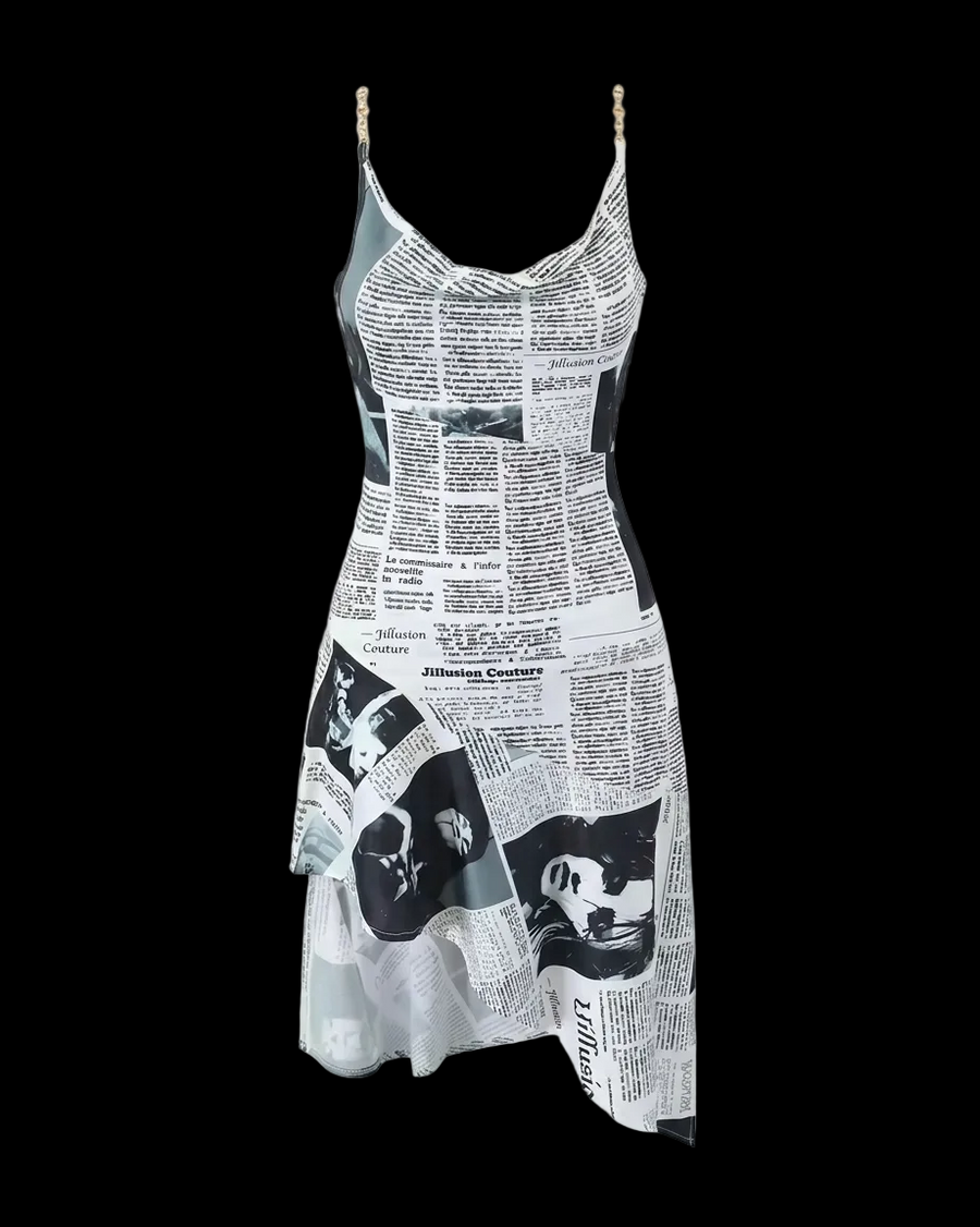 Newsprint handkerchief hem dress on model - alternate view