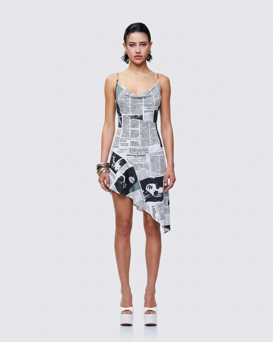 Newsprint handkerchief hem dress on model - detail shot