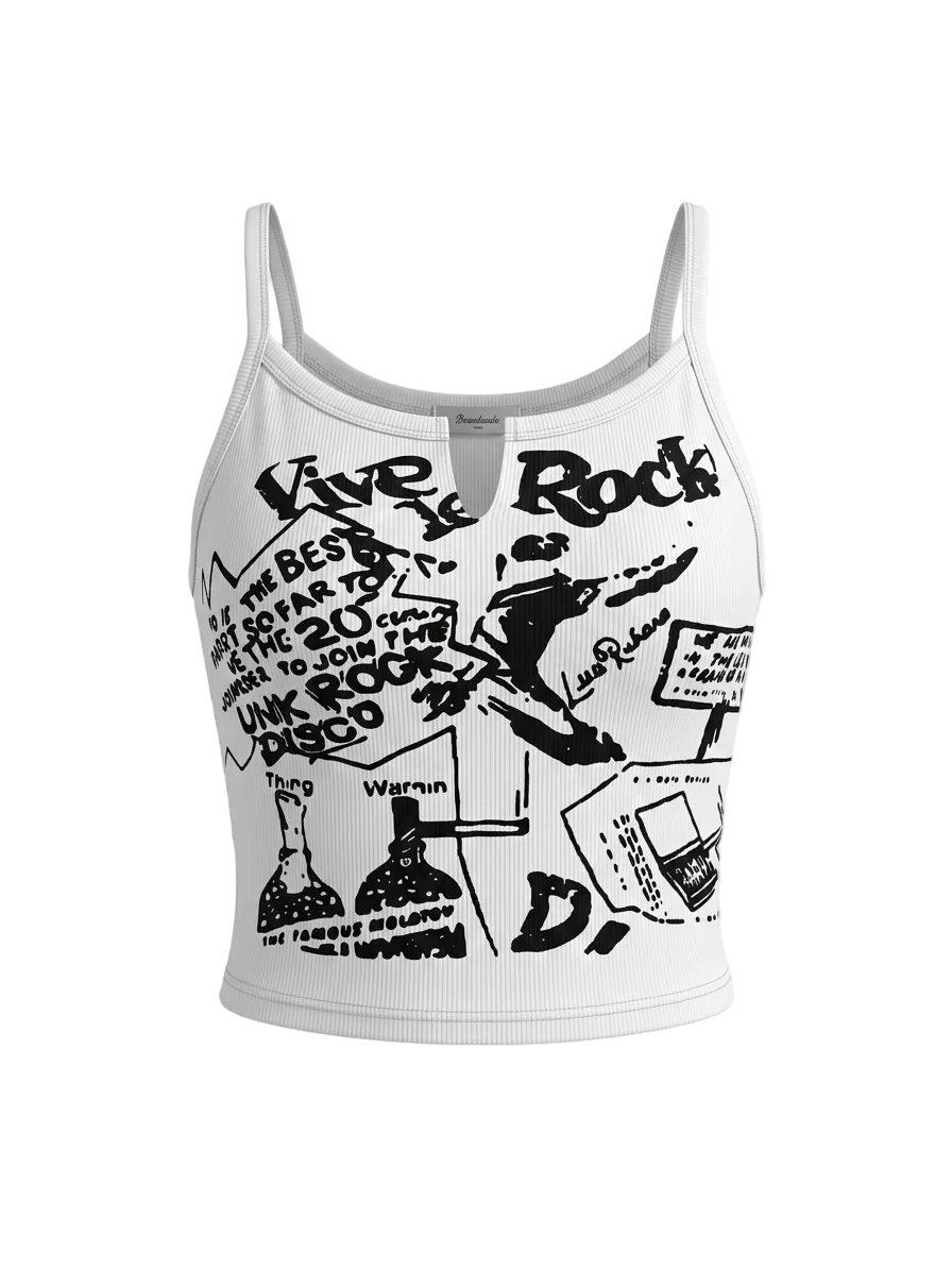 Punk graphic ribbed tank top on model - alternate view