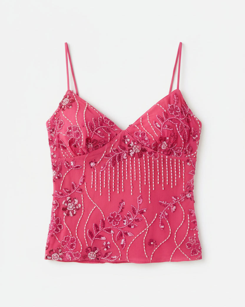 Embroidery flower sequined cami top on model - detail shot