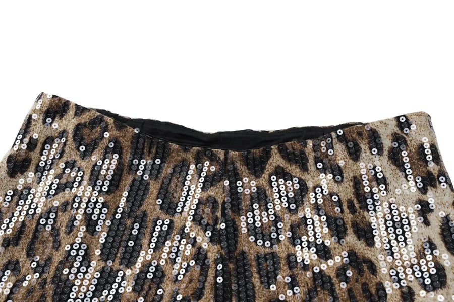 Sequin leopard print micro shorts on model - detail shot