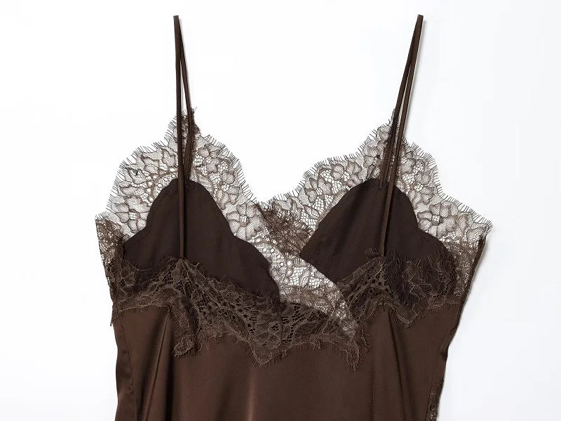 Asymmetrical lace satin slip dress on model - view 12