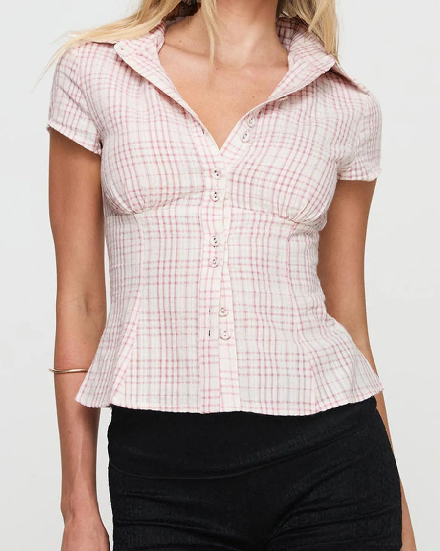 Y2K plaid button down shirt on model - view 5
