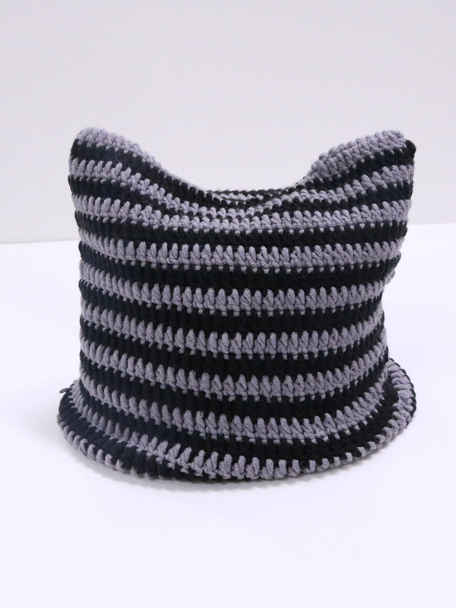 Cat ears striped knit beanie worn - view 5