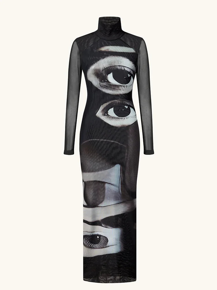 Eye print maxi dress on model