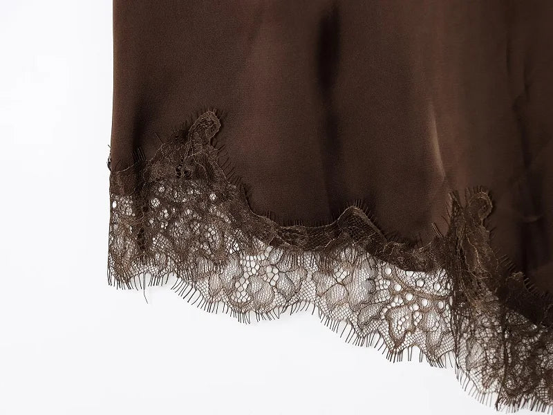 Asymmetrical lace satin slip dress on model - view 11