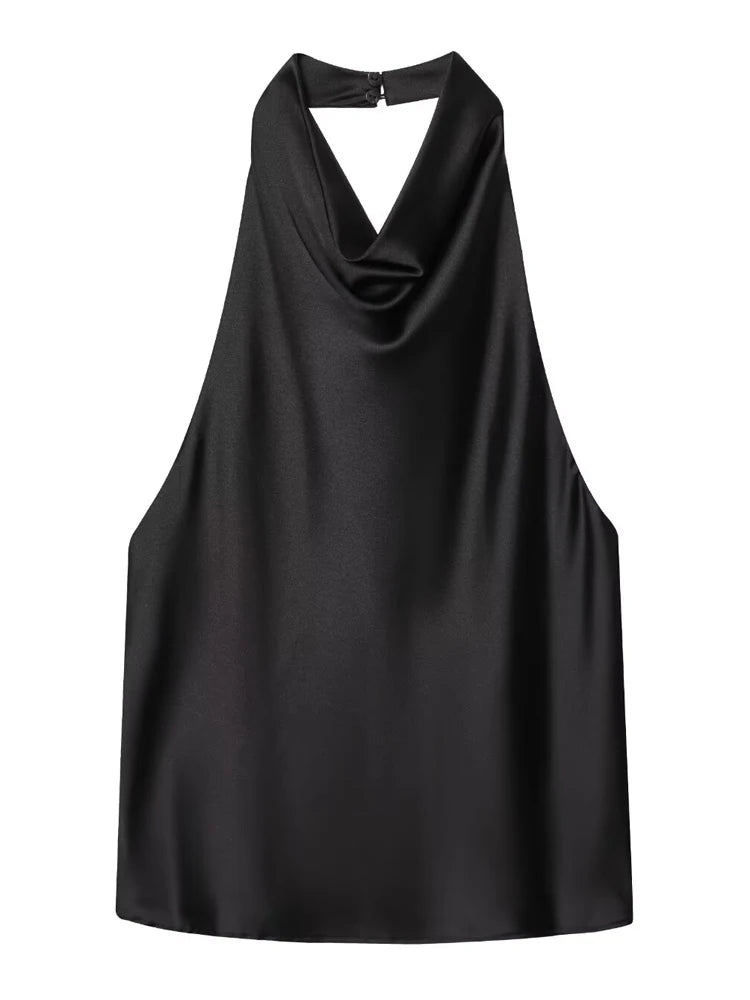 Satin backless halter top on model - alternate view