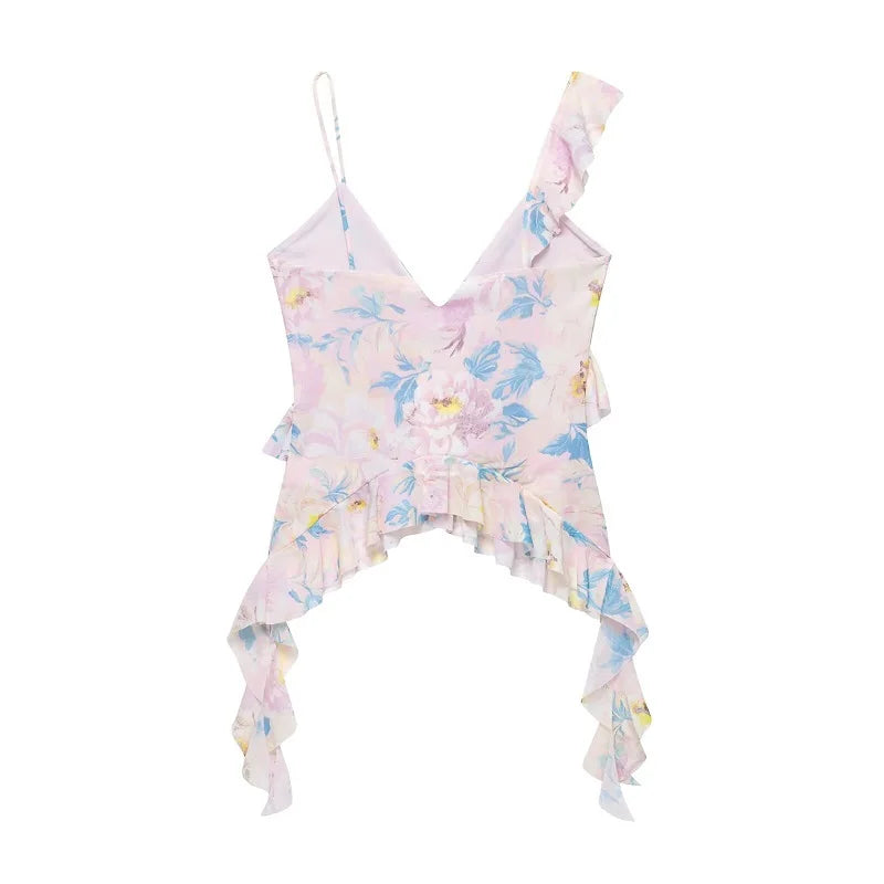 Print ruffle tulle top on model - view 12
