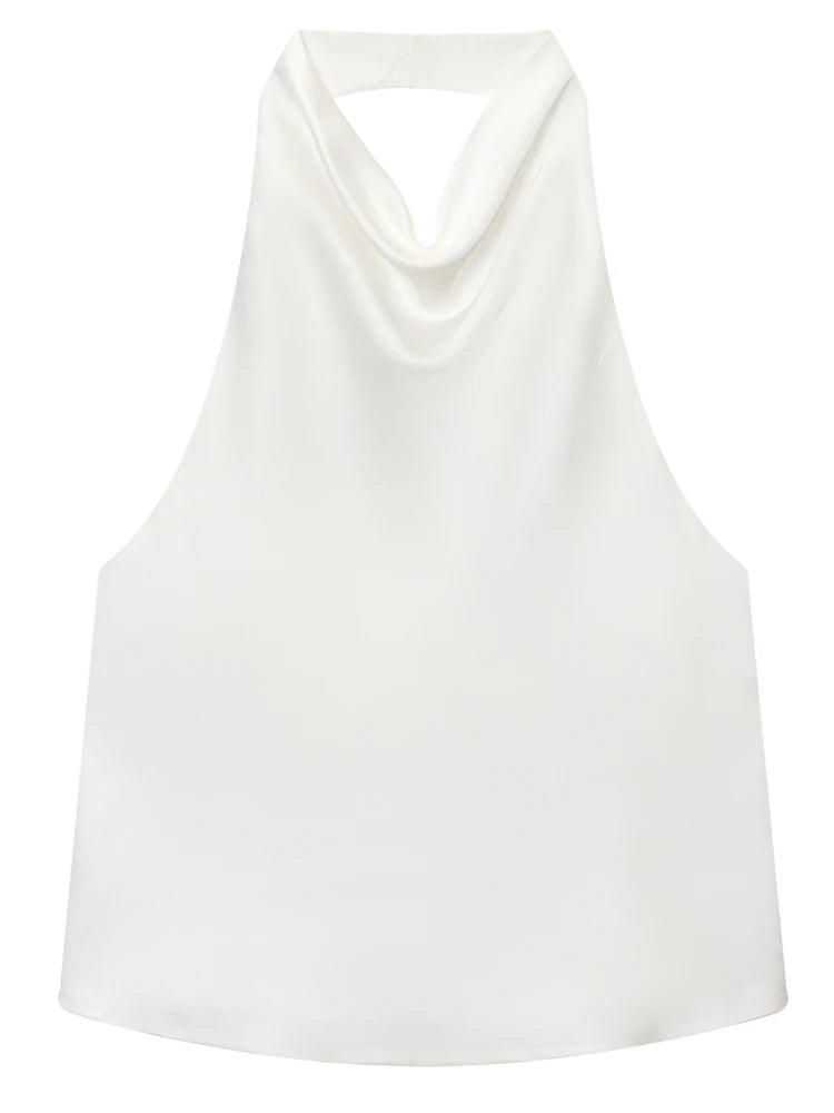 Satin backless halter top on model - view 6