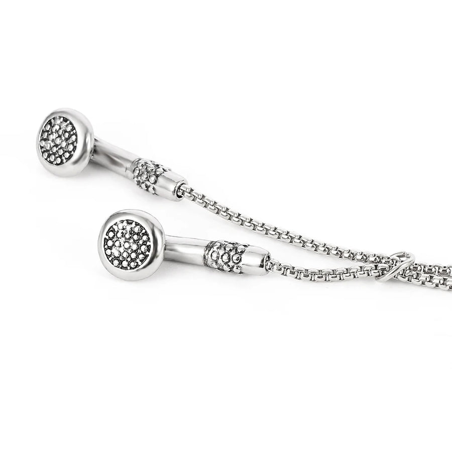 Earbud pendant necklace on model - styling view