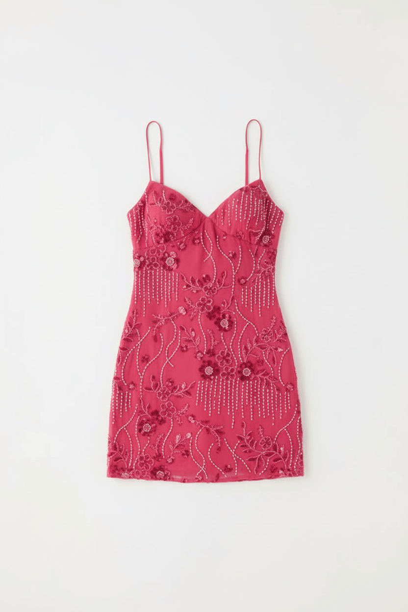 Sequin beaded cami mini dress on model - detail shot