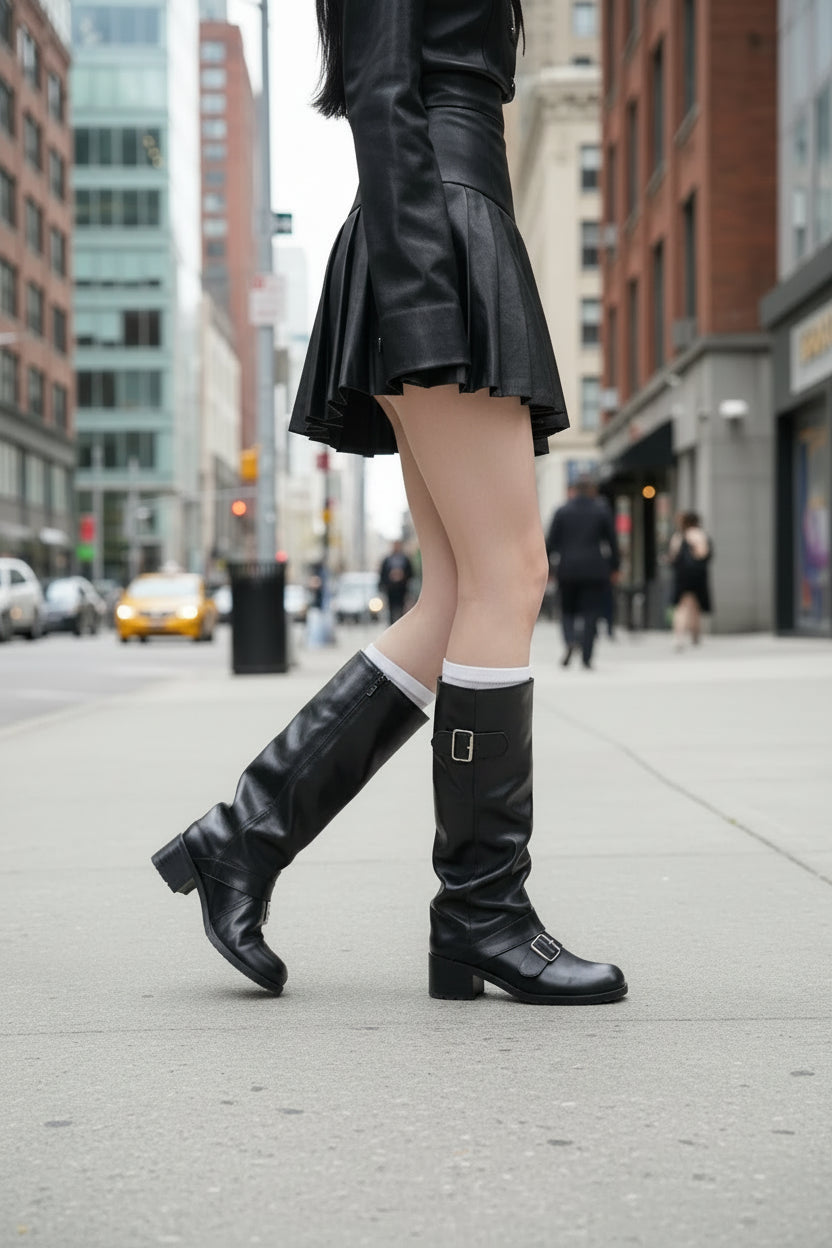Buckled knee high motorcycle boots on model