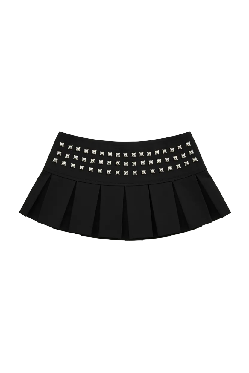 Studded pleated mini skirt on model