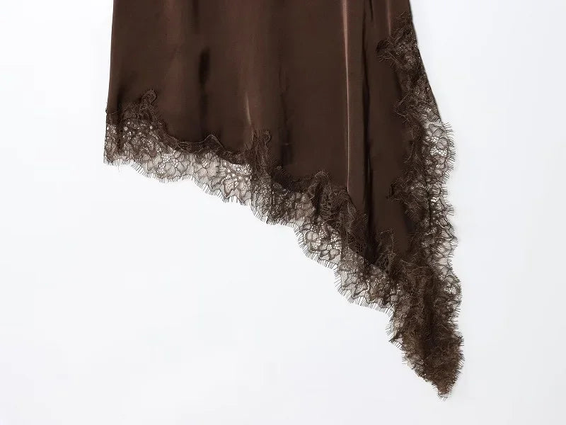 Asymmetrical lace satin slip dress on model - view 10