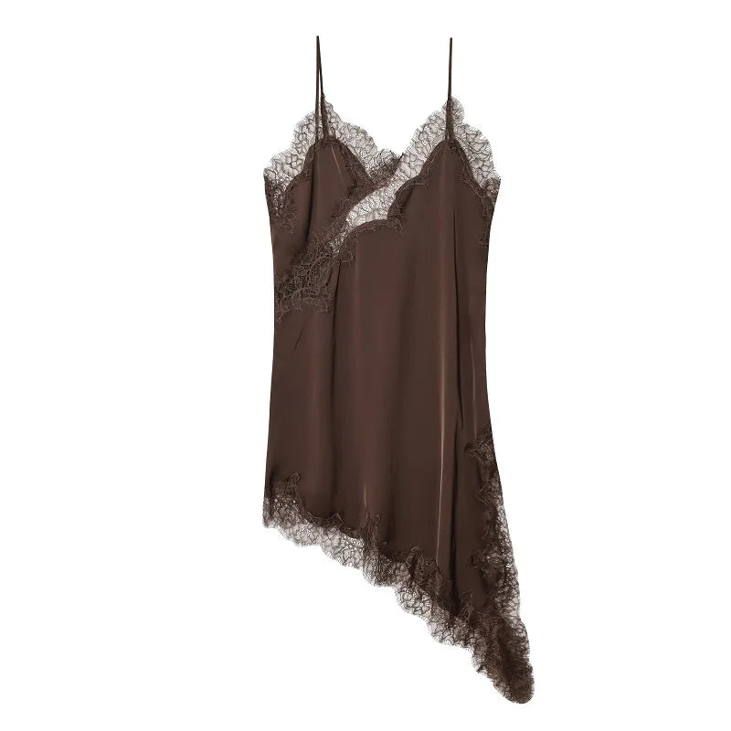 Asymmetrical lace satin slip dress on model - alternate view