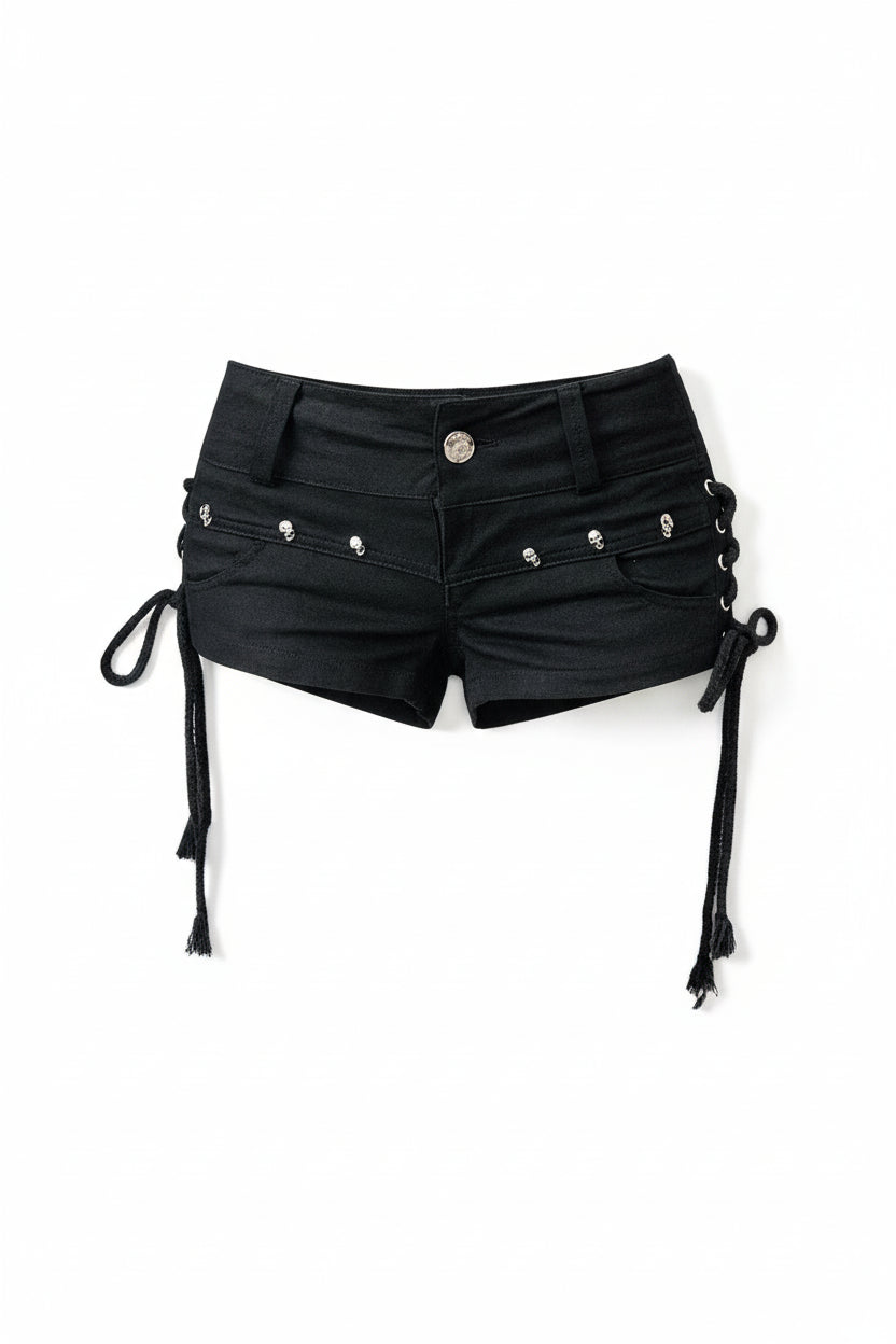Gothic low waist denim shorts on model