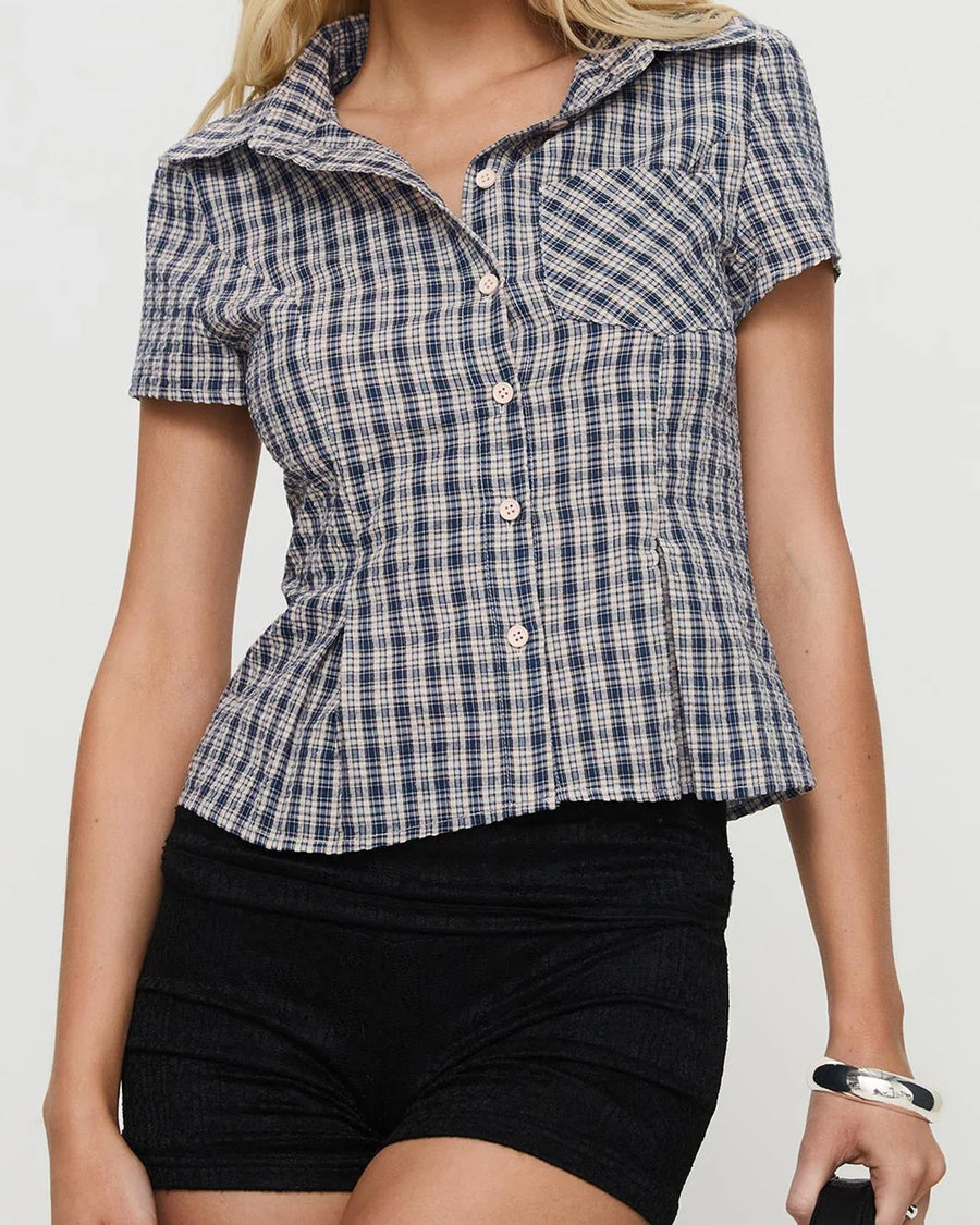 Y2K plaid button down shirt on model - view 12