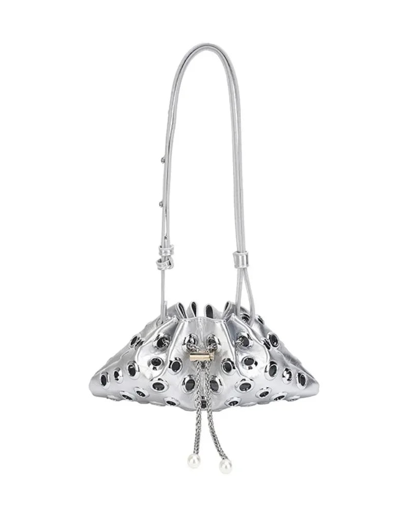 Drawstring rivet studded shoulder bag - detail shot