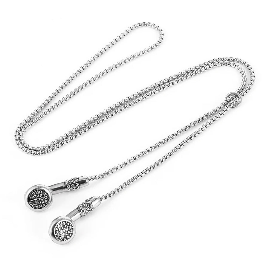 Earbud pendant necklace on model - detail shot