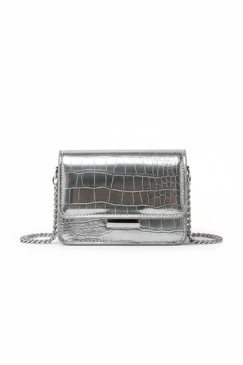 Metallic croc embossed crossbody bag