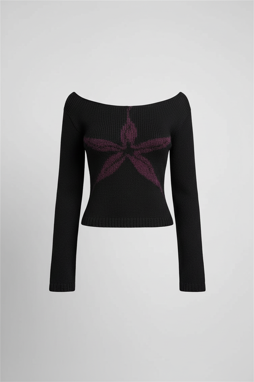 Slim flower print knit sweater on model - alternate view