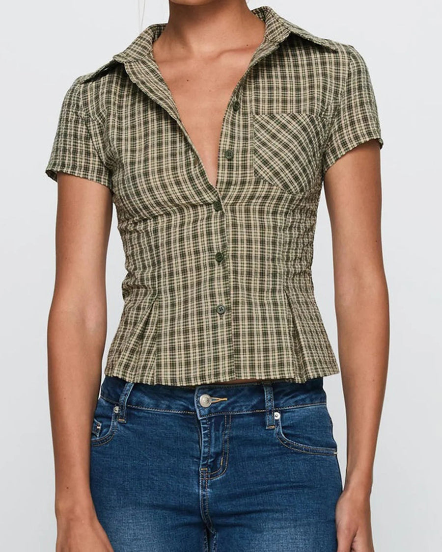 Y2K plaid button down shirt on model - view 18