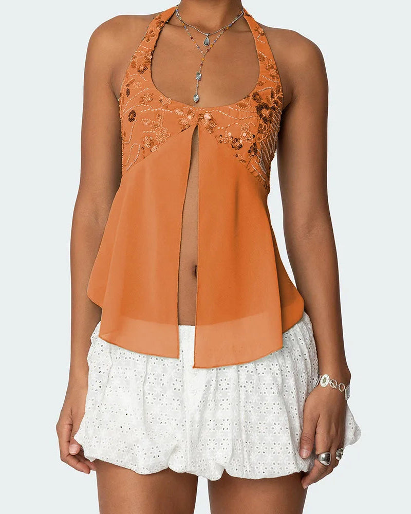 Open front sequin halter top on model - view 6