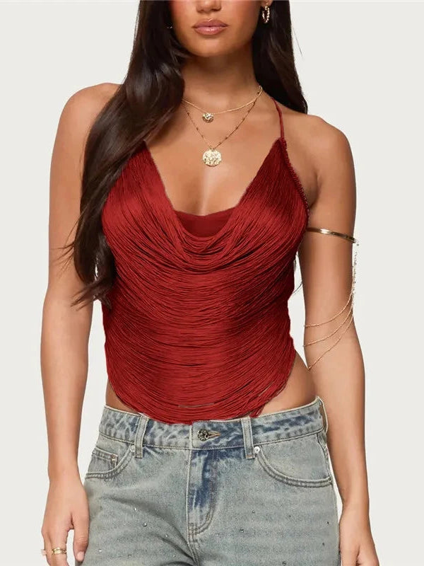 Fringe Tassel Halter Crop Top — alternate view