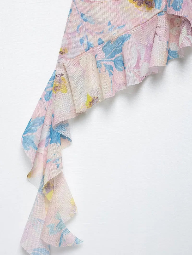 Print ruffle tulle top on model - view 16