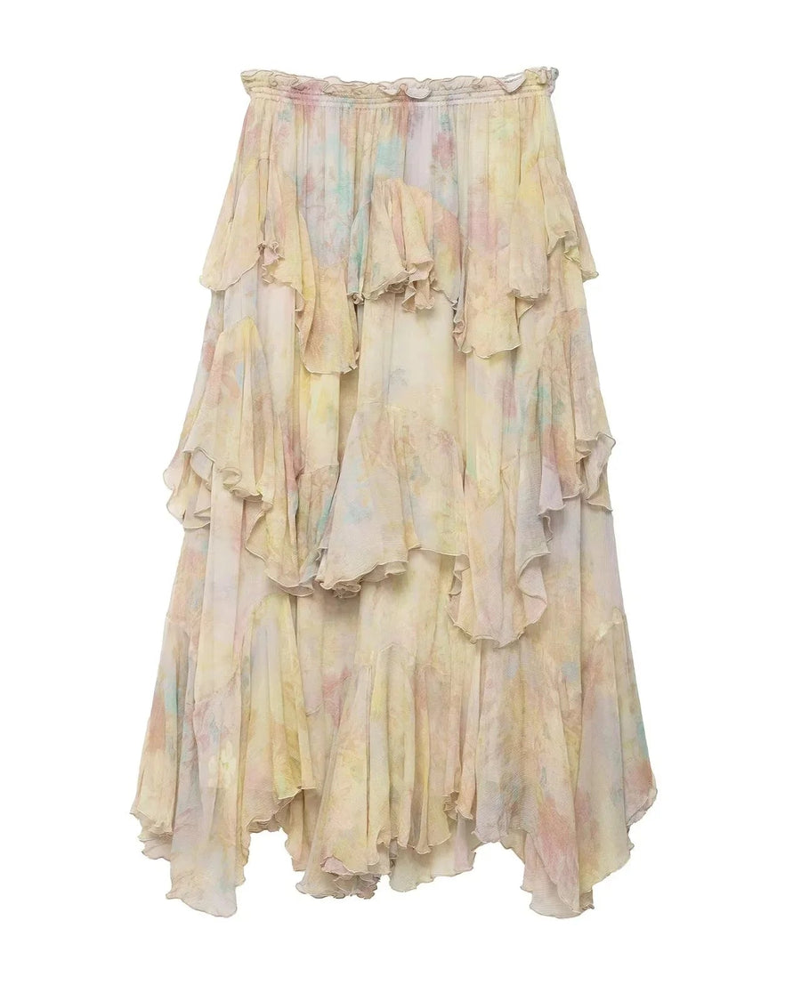 Floral Chiffon Ruffle Maxi Skirt