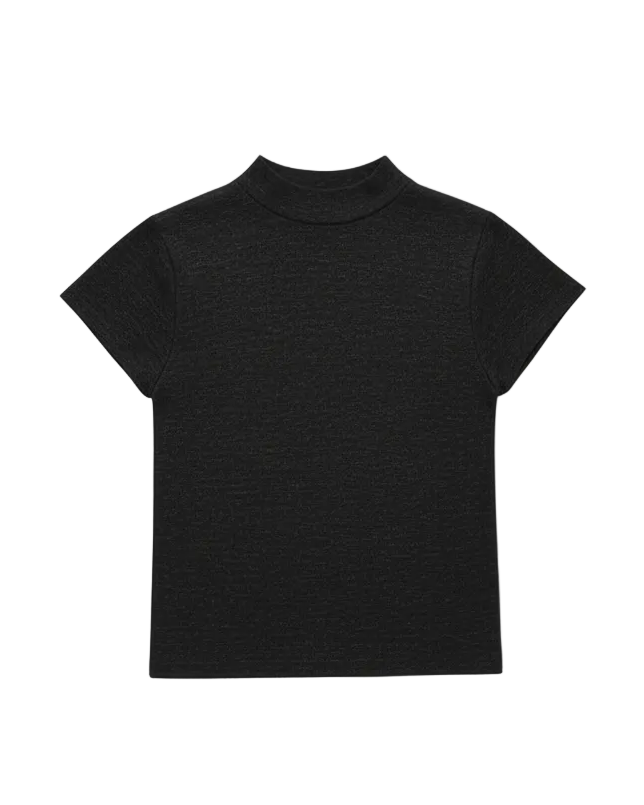Short sleeve mock neck knit top on model - alternate view