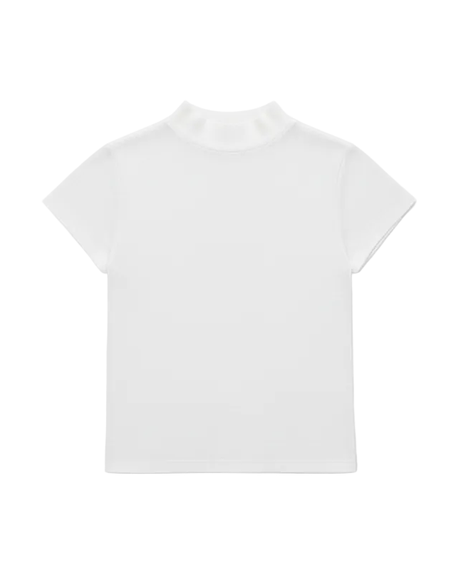 Short sleeve mock neck knit top on model - detail shot